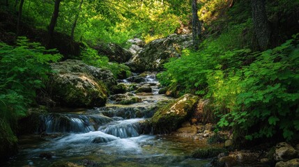 Obraz premium Sunlight streams through lush forest over a rocky creek.