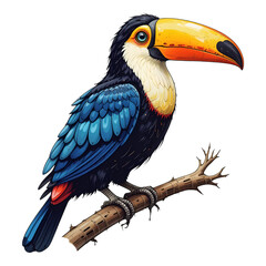 Fototapeta premium Photo of Illustration of a colorful toucan perched on a branch against a transparent background