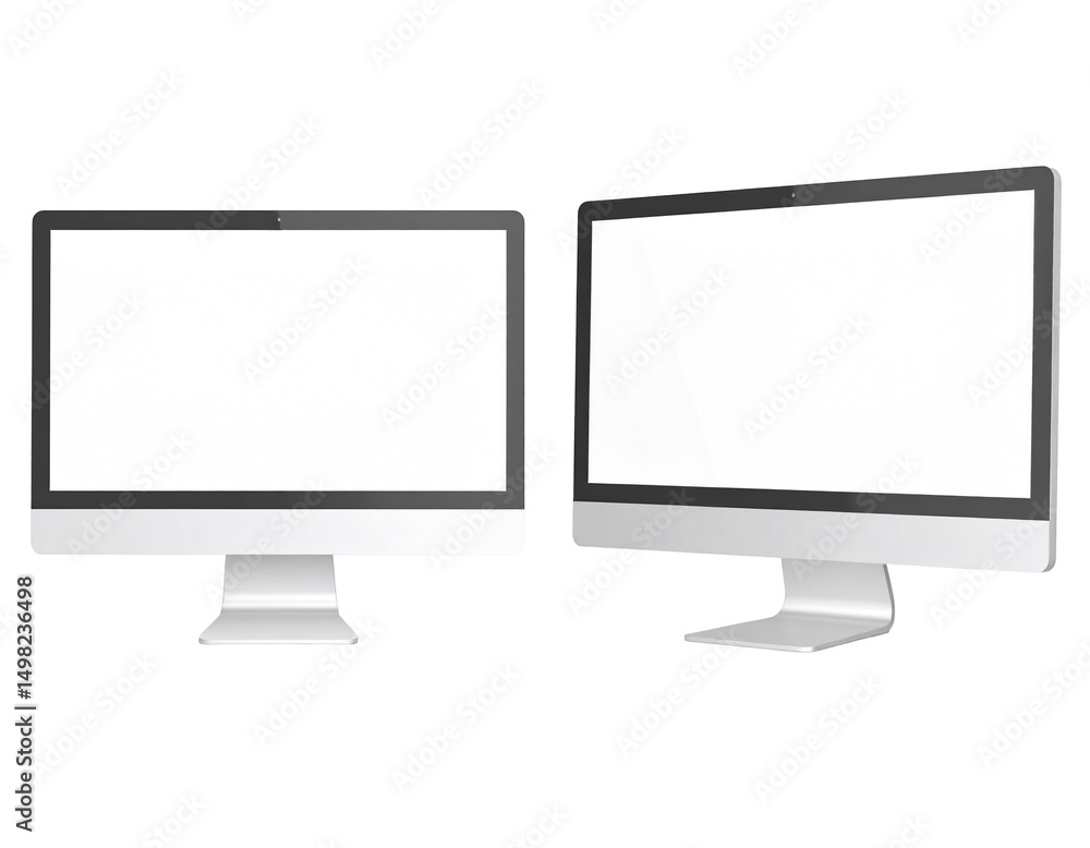 Poster two sleek desktop computers with blank screens, side-by-side