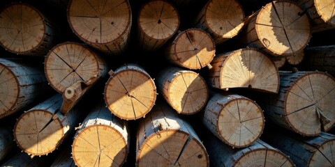 A Stack of Sun-Drenched Logs, Showing the Natural Beauty of Wood Grain and Texture, a Close-Up View of Round Cut Timber