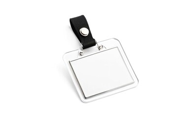 A clear plastic badge holder with a black strap.