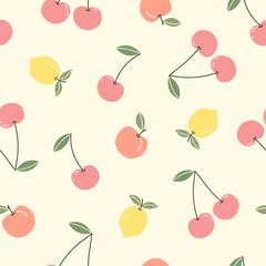 Seamless pattern with cute fruits, cherry, lemon and peach on a yellow background. Vector illustration for printing. Cute baby background