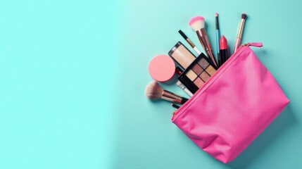 Pink cosmetic bag overflowing with makeup brushes, eyeshadow palette, lipstick, and powder compact on a teal background