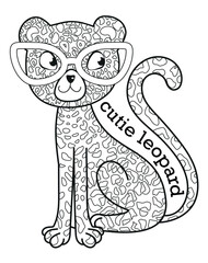 Print cute leopard in black and white version with inscriptions for coloring books. Vector illustration