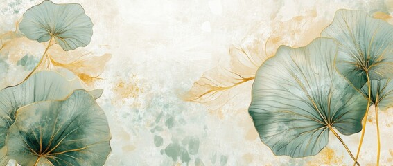 Delicate Green Leaves on a Light Beige Background
