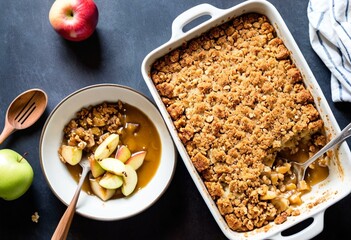 A casserole dish of apple crisp on a wooden table.