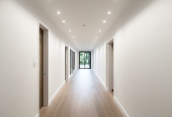 A long hallway with white walls and wood floors.