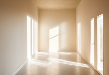 Obraz premium A long hallway with white walls and a door.