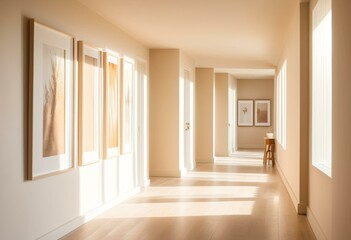 Obraz premium A long hallway with pictures hanging on the wall.
