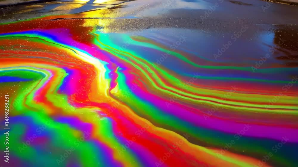 Poster abstract iridescent rainbow surface with liquid effect showing dynamic colorful ripples, waves, and 