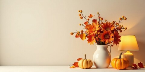Autumnal still life featuring a vase of orange flowers, illuminated by a warm lamp, accented with small pumpkins and autumn leaves on a neutral backdrop.
