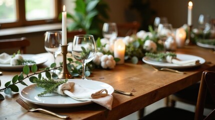 Elegant Table Setting with Natural Decor and Candlelight for a Refined Dinner Party