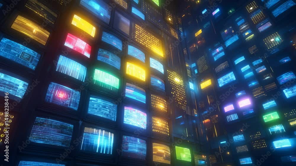 Poster vibrant wall of multiple screens displaying digital data streams, glowing in blue, yellow, green, an
