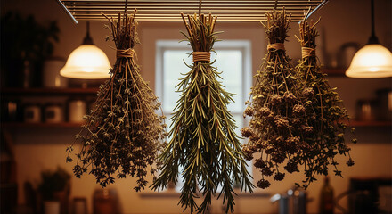 A bundle of dried herbs like thyme, rosemary, and oregano hanging from a kitchen rack in warm lighting.