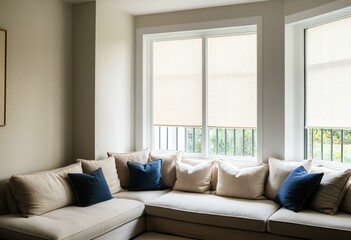 Fototapeta premium A living room with a sectional couch and two windows.