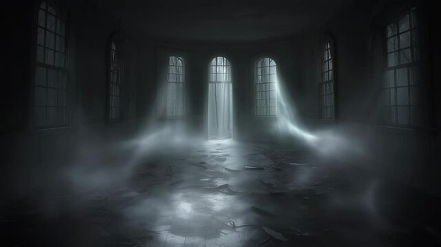 Ethereal ghostly forms swirling through dark abandoned room with arched windows. Misty smoke-like apparitions emerging from stone floor. Dramatic light streaming through central window.