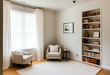 Fototapeta premium A living room with a couch and bookshelves in it.