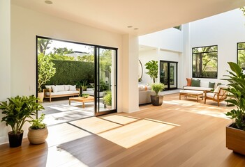 A living room filled with furniture and plants.