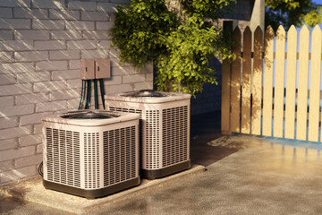 Two outdoor air conditioning units installed beside a brick wall with connected wiring, used for residential climate control. HVAC. Home maintenance. Installation.