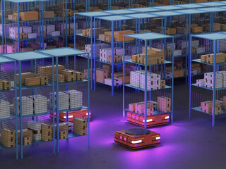 Automated warehouse with robotic units transporting packages among high shelves, showcasing modern logistics and smart storage systems. Warehouse. Robotics. Logistics. 3d image