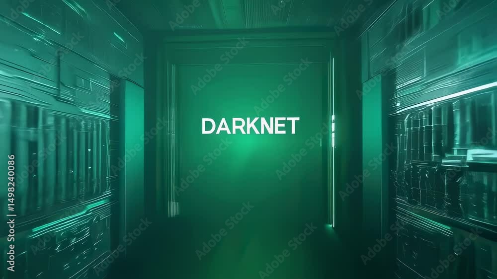 Poster futuristic green digital corridor with central 'darknet' text, surrounded by complex technological c