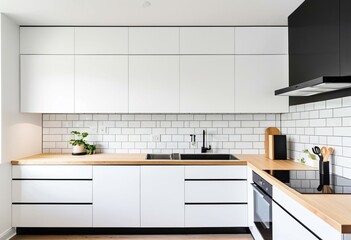 A kitchen with white cabinets and black counter tops.