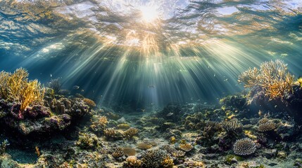 Obraz premium Sunbeams Illuminate Vibrant Underwater Coral Reef Paradise