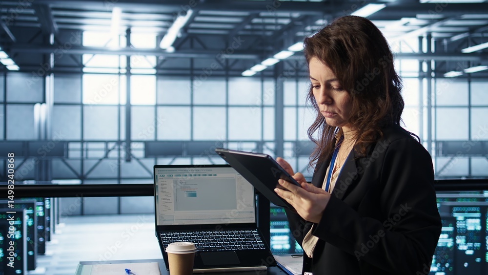 Poster programmer using laptop in data center, finetuning network protocols, drinking coffee. woman in serv