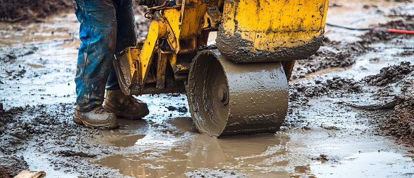 Construction Worker Operating a Compactor in Mud
