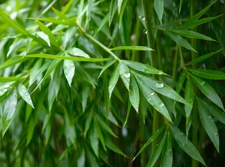 Obraz premium Emerald Canopy: Delicate leaves, adorned with shimmering water droplets, create a vibrant scene of freshness and vitality, offering a soothing glimpse into the heart of nature.