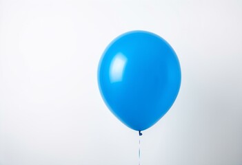 A blue balloon floating in the air on a white background.