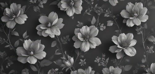Subtle charcoal floral wallpaper, delicate blooms on seamless backdrop,  repeat,  grey
