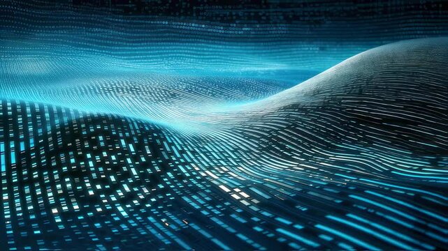 Abstract digital landscape with flowing blue and black textured waves representing data movement, binary code background showing technological complexity and dynamic information flow.