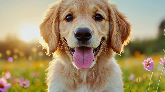 Golden Retriever in Sunny Meadow: A lovable golden retriever puppy, with a soft, inviting gaze.