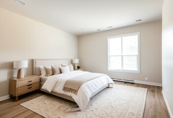 A bedroom with a bed, nightstands and a window.