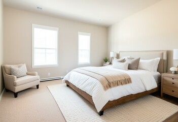 A bedroom with a bed, nightstands and a window.