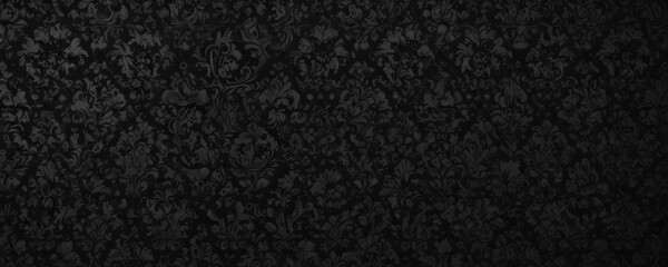 Fototapeta premium Black damask pattern, heavy shadows, deep contrast, illustration, silhouette, floral