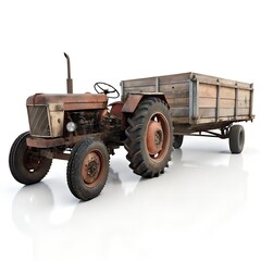 Obraz premium Vintage Tractor and Farm Trailer Isolated on White Background