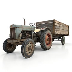 Fototapeta premium Vintage Tractor and Farm Trailer Isolated on White Background