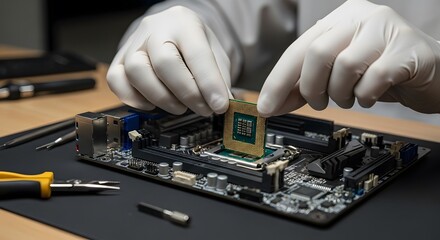 Precision Assembly: A Microchip Installation, Highlighting Engineering Skills and Modern Electronics, Offering a Glimpse Into Technological Advancement.