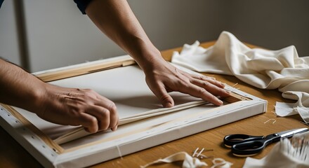 Stretching Canvas, Craftsmanship Detail, Artisan At Work, Creative Process, Canvas Preparation, Handmade Art, Artist Hands, Atelier Scene, Art Studio