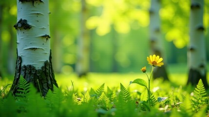 A Solitary Yellow Wildflower Blooms Amidst Lush Green Ferns and Birch Trees in a Sunny Forest Clearing