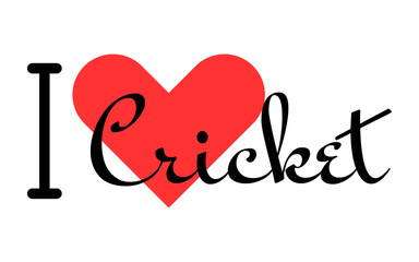 I love Cricket. Hand drawn letters with red heart. Sport vector illustration, lettering in modern design