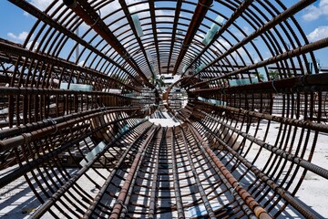 looking inside pre tied steel rebar at highway construction site