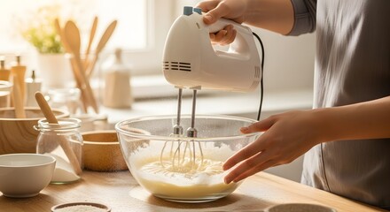 Baking Bliss: Hand Mixer Whipping Up Sweet Treats, Showcasing Home Cooking and Delicious Moments, Bright Sunny Kitchen, Golden Ingredients, and Airy Delight