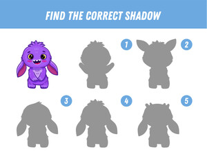 Find correct shadow of cute purple monster. Educational logical game for kids. Halloween game. Cartoon monster. Vector