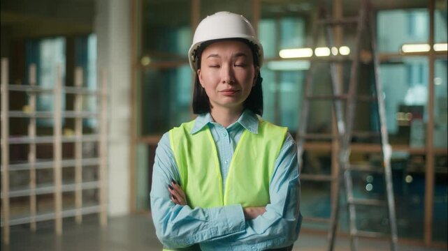 Chinese woman developer building construction architect builder engineer in hard hat posing crossed hands nod head agreement Asian Korean Japanese girl inspector control engineering work manufacture