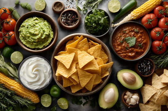 Generated image  Tortilla chips, surrounded by various delicious Mexican dishes like guacamole and queso