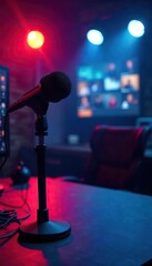 A professional studio broadcaster setup, featuring a microphone, lighting, and camera equipment, ready for a live show or recording session ,  entertainment,  professional