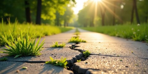Sunlight Illuminates Resilient Grass Pushing Through Pavement Cracks on a Serene Pathway